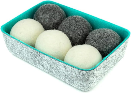 Three by Three Seattle Felt·Like·it!™ Wool Dryer Balls + Storage Bin: Reduce Drying Time, Static Cling, and Energy Use | Natural Alternative to Fabric Softeners (Pack of 6)