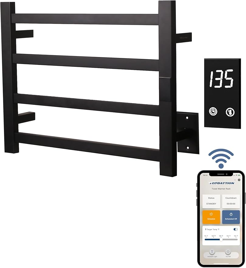 Smart Wireless Electric Towel Warmer | Blade Thin 4 Bar Design | Hardwired & Plug-in | Alexa & Google Home Compatible | Matte Black Finish
