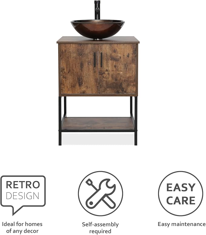 eclife 24" Bathroom Vanity Sink Combo Cabinet Modern Stand Pedestal Bronze Round Tempered Glass Vessel Sink & 1.5 GPM Water Save Faucet & Solid Brass Pop Up Drain (A09 B16BR)