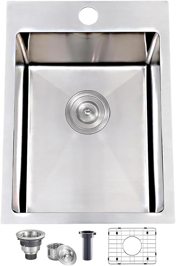 VESLA 15x20 Inch Bar Sink Drop In - Topmount 18 Gauge Stainless Steel Small Kitchen Sink, Single Bowl Brushed Finish for Laundry Wet Bar Prep RV Office Outdoor Yard Use with Bottom Grid & Drain