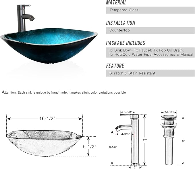 eclife 48" Modern Bathroom Vanity Sink Combo Freestanding Cabinet with Small Side Cabinet, Turquoise Square Glass Vessel Sink, Water Save Faucet, Drain (Black+A10)