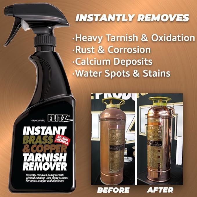 Flitz Instant Brass and Copper Tarnish Remover - 16oz Bottle of USA-Made Organic Rust Remover Spray (No-Rub) - Removes Stains & Oxidation from Glass & Aluminum - Brass Cleaners That Work (2 Pack)
