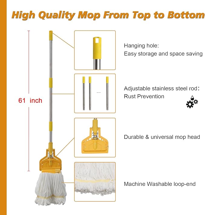 2 Pack Commercial Mop Heavy Duty Industrial Cotton Mop, 61 inch Metal Commercial Stick for Home, Garage,Office, Workshop, Warehouse Floor Cleaning