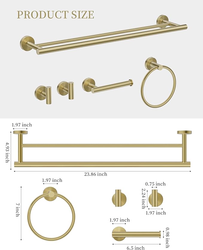 Bathroom Hardware Accessories Set 5 Pieces Brushed Gold 24" SUS 304 Stainless Steel Bath Double Towel Holder Bar Set Towel Rack Combination Wall Mounted for Kitchen, Laundry, Bedroom