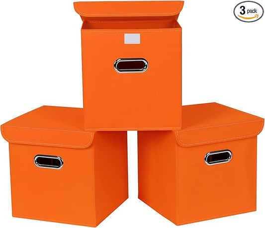Closet Organizers Fabric Storage Bins With Lids Collapsible Cube Storages Organizer Basket With Handles,Storage Boxes for Clothes Storage,Office,Toys,3 Pack,（Orange