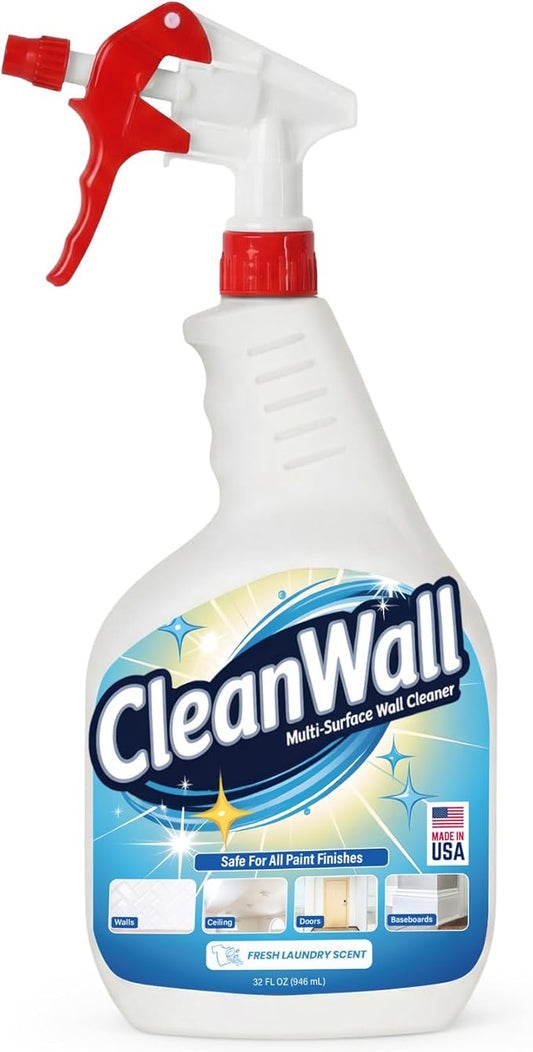 CleanWall Wall, Door & Baseboard Cleaner Spray – 32 oz Multi-Surface Formula Safe for Painted Walls – Made in USA – Family-Friendly – Tackles Everyday Kid Messes like Handprints, Smudges & Crayon