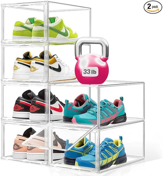2 Pack Drop Front Acrylic Shoe Boxes with Magnetic Door Fit US Size 12, Clear Stackable Shoe Organizer for Closet, Entryway, Underbed, Multiple Display Cases for Hats, Figures, Sneakers