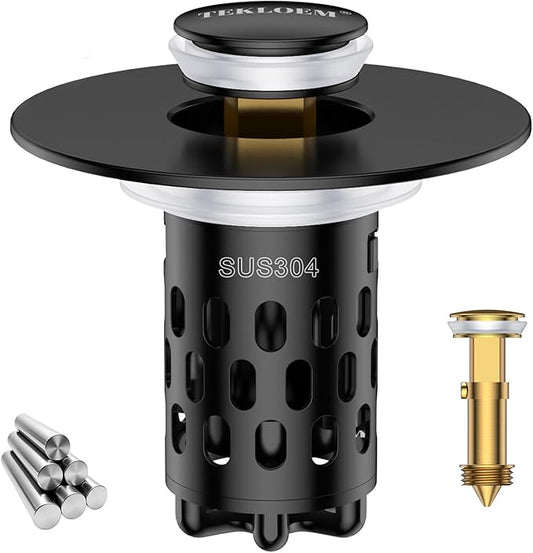 Bathroom Sink Stopper,All Metal Pop-Up Sink Drain Strainer with Removable Stainless Steel Filter Basket, Universal Bathroom Hair Catcher Fit for 1.1-2.36'' Drain (Black, 1 Pack)