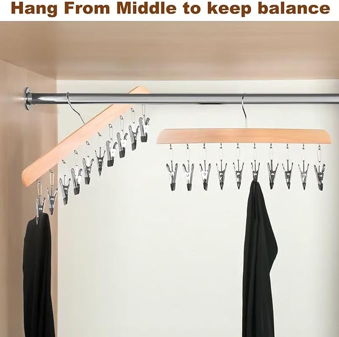 Closet Organizer with 10 Clips - Space Saving Hanging Closet Organizer, 2026 Upgraded Legging Hangers for Closet, 360° Rotating Metal Clips with Silicone Lining for Clothes (New-Wood, 2PCS)