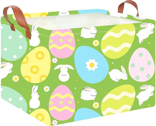 CLOCOR Rectangular Easter Basket Empty, Easter Gift Basket, Waterproof Storage Box with Handles,Room Decor(Green Easter Basket)