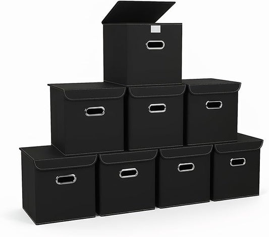 Closet Organizers Fabric Storage Bins With Lids Collapsible Cube Storage Organizer Basket With Handles,Storage Boxes for Clothes Storage,Office,Laundry,Shelves,8 Pack,（Black）