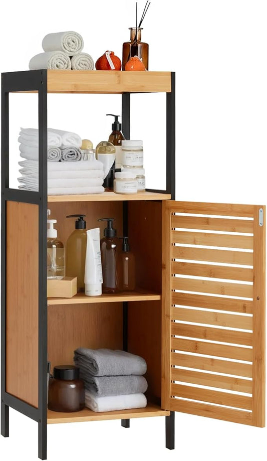 35" Bamboo Bathroom Storage Cabinet with Open Shelf, Solid 3 Tier Freestanding Floor Cabinet with Sliding Door, Waterproof Bamboo Organizer for Bathroom, Kitchen, or Entryway