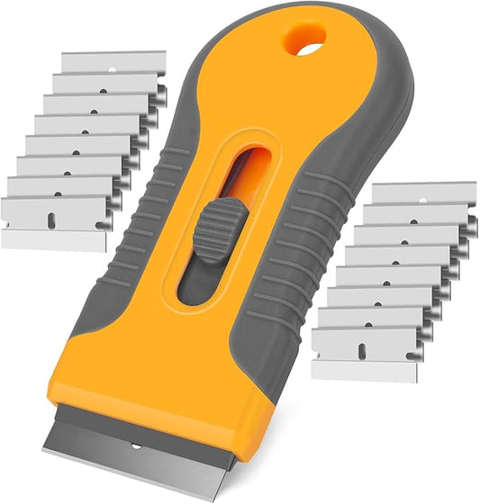 Razor Blade Scraper Tool with 15pcs Extra Blades, Multi-Surface Glass Stove Top Scraper for Paint, Window, Old Label, Decal Sticker, Ceramic Cooktops, Ovens