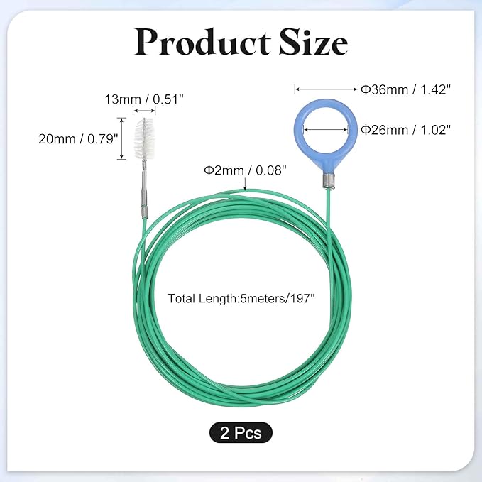 HARFINGTON 2 Pcs Tube Cleaning Brush 197" Long Nylon Bristles Flexible Tube Cleaner Tool with Handle Automotive Drain Pipe Dredging Tool for Narrow Tubes Cleaning Refrigerator Drain, Green