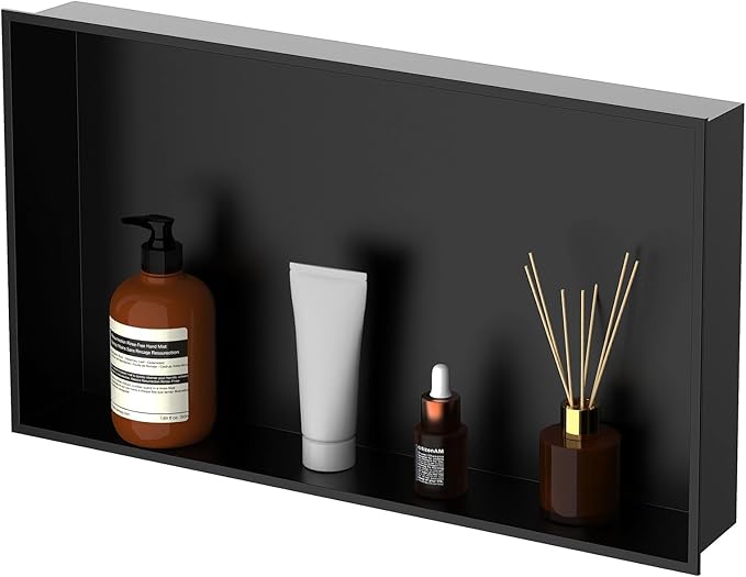 Homevacious Shower Niche 16 x 24 Inch Stainless Steel No Tile Needed Matte Black Bathroom Shelf Rimless Recessed Wall Niche for Bathroom Storage