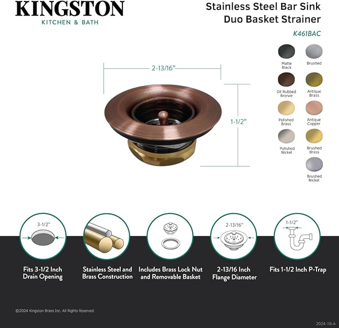Kingston Brass K461BBN Tacoma Stainless Steel Bar Sink Duo Basket Strainer, Brushed Nickel