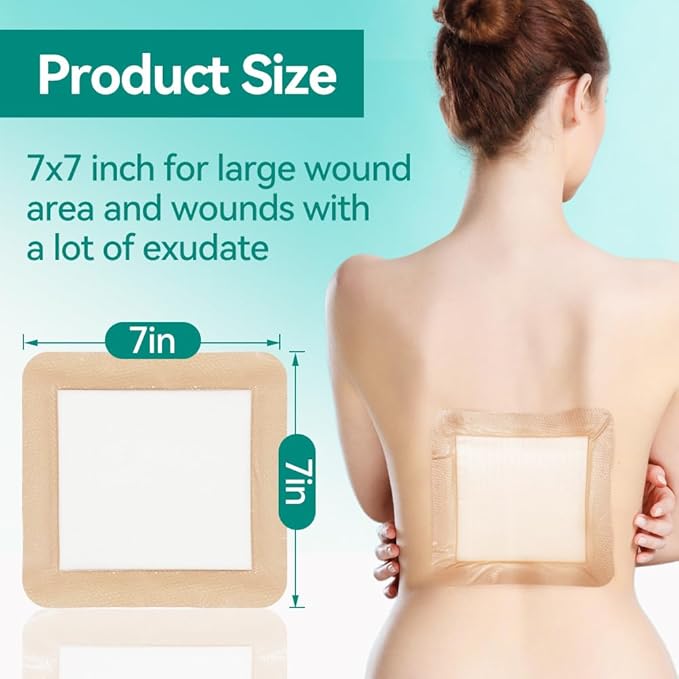 Dimora Large Bandage Ultra Soft Wound Dressing - Bordered Silicone Adhesive Foam Dressing 7"x7" (5"x5"pad) for Bed Sores,Burn Treatment,Large Surgical Wound,Diabetic Ulcers,5 Pack