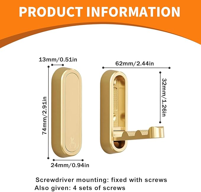 Foldable Hooks Wall Mount, Folding Coat Hooks Wall Mounted - Retractable Space Saving Organizer for Bathroom, Kitchen, Bedroom & Closet - Holds Scarf, Hat, Robe, Key, Purse, Bag (2, Gold)