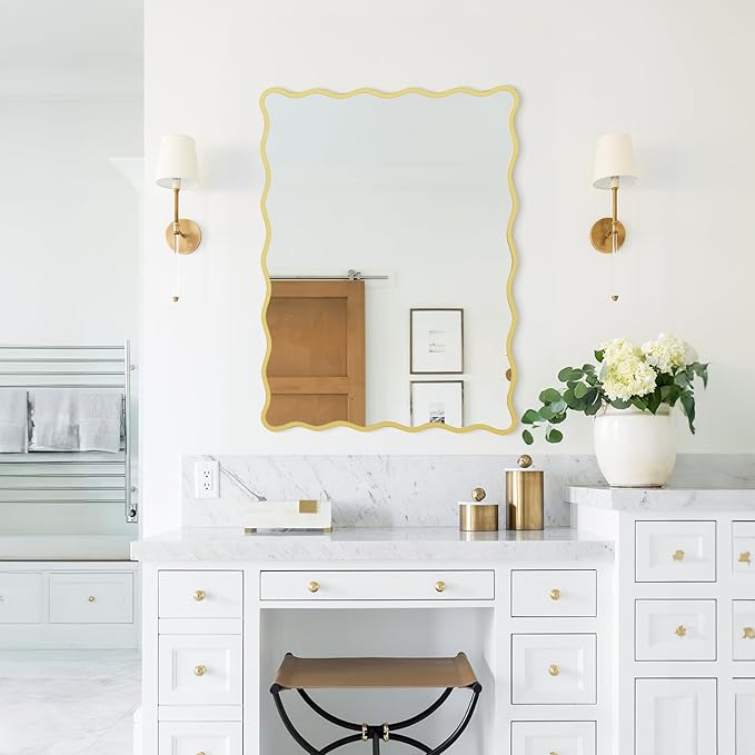 Rectangle Wavy Wall Mirror for Bathroom,28"x40" Gold Scalloped Wood Frame Vanity Mirror Decorative for Bedroom Living Room Home House Office Entryway