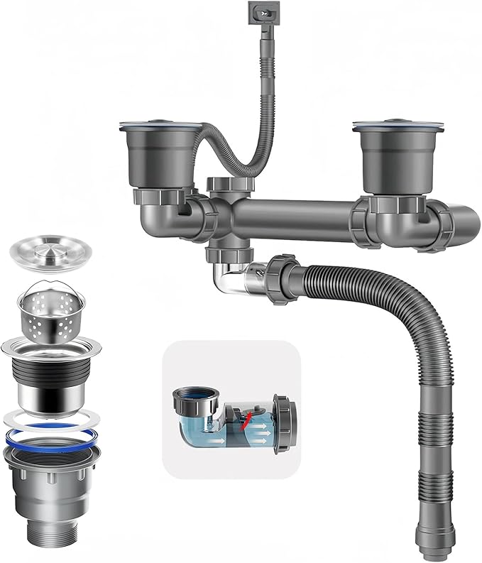 Double Sink Drain Kit Space Saving Kitchen Sink Drain Kit Expandable Flexible 1 1/2" P-Trap Pipe 3-1/2 Inch Sink Drain Assembly Kit with 4-Way Fitting Adapter for Dishwasher