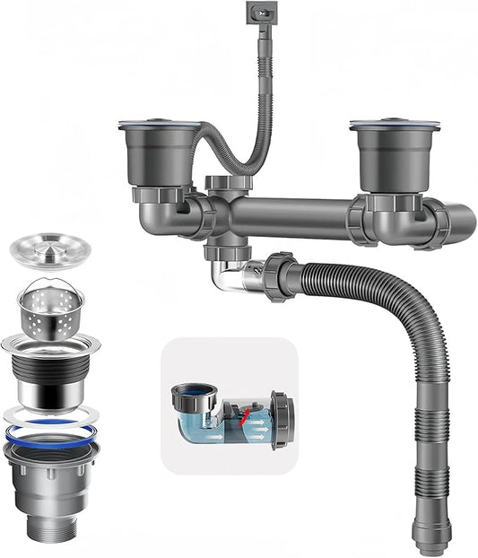 Double Sink Drain Kit Space Saving Kitchen Sink Drain Kit Expandable Flexible 1 1/2" P-Trap Pipe 3-1/2 Inch Sink Drain Assembly Kit with 4-Way Fitting Adapter for Dishwasher