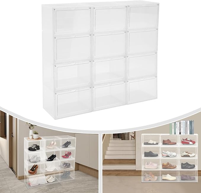 12 Pack Clear Shoe Boxs, Acrylic Shoe Storage Box W/ Magnetic Door, Side Door Opening, Stackable Shoe Container, Multifunctional Sneaker Organizer, Acrylic Shoe Display Case 13.39*10.63*8.66in