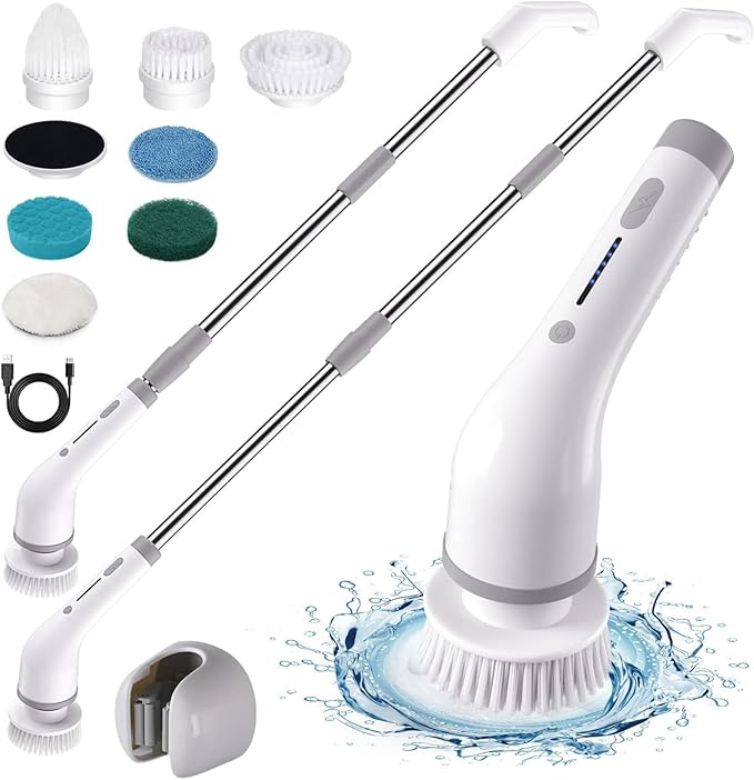 Electric Spin Scrubber 8-in-1 with MOP Clip - Adjustable Extension Arm & 8 Replaceable Brushes - Cordless Cleaning Power Shower Grout Scrubber for Kitchen, Bathroom, Tub, Tile, Floor