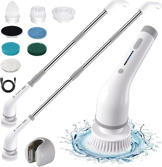 Electric Spin Scrubber 8-in-1 with MOP Clip - Adjustable Extension Arm & 8 Replaceable Brushes - Cordless Cleaning Power Shower Grout Scrubber for Kitchen, Bathroom, Tub, Tile, Floor