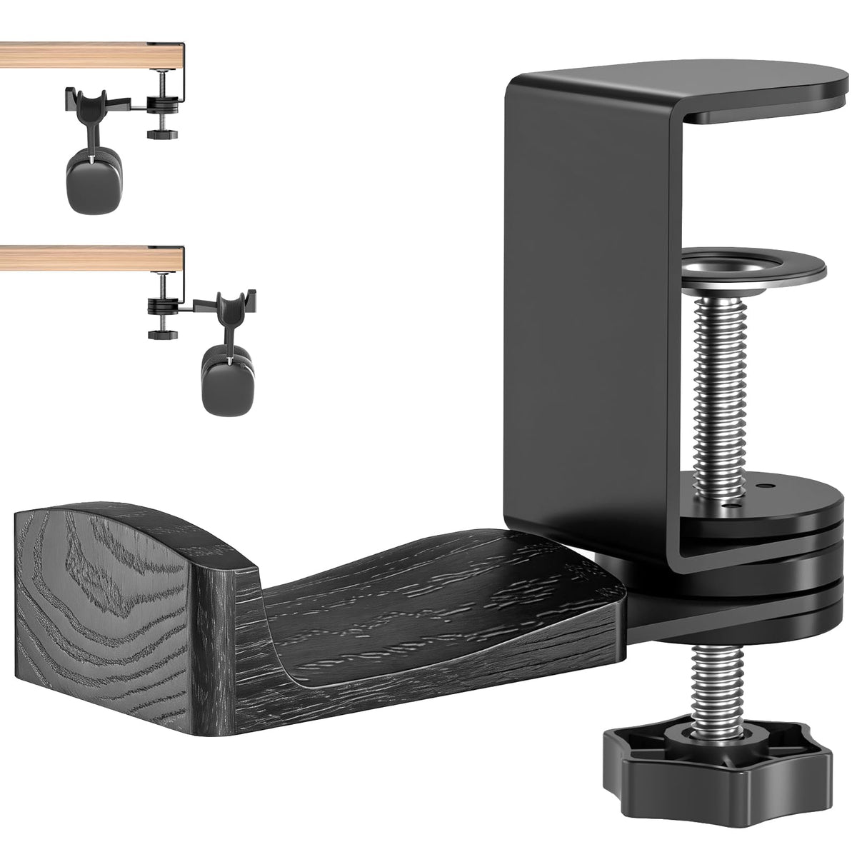 Solid Wood Metal Headphone Stand with Clamp-On Hook for Desk - Image 1