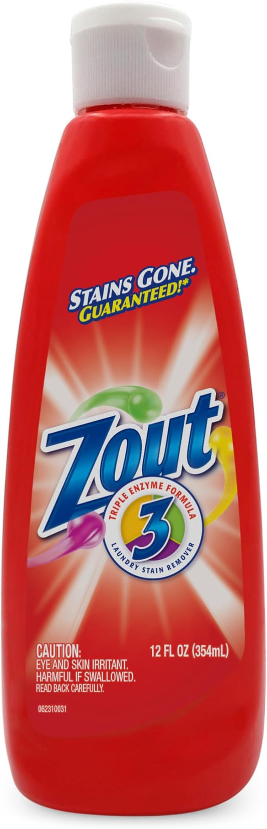 Zout Laundry Stain Remover, Triple Enzyme Formula for Blood, Tomato Sauce, & Oil Stains, Made in USA, 12 Ounce Squeeze Bottle with Flip Top Cap