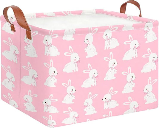 CLOCOR Rectangular Pink Easter Gift Basket Empty,Waterproof Easter Bunny Bakset for Egg Hunting(Pink Easter Bunny)