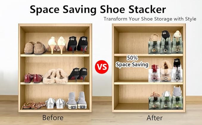 Yes!Fresh Shoe Slot Organizer, Boutique Display Style Shoe Stacker for A Pair of Shoes, Separable Shoe Rack for Closet Organization, 3 Adjustable Narrow Shoe Rack (Transparent Green, 4 Pack)