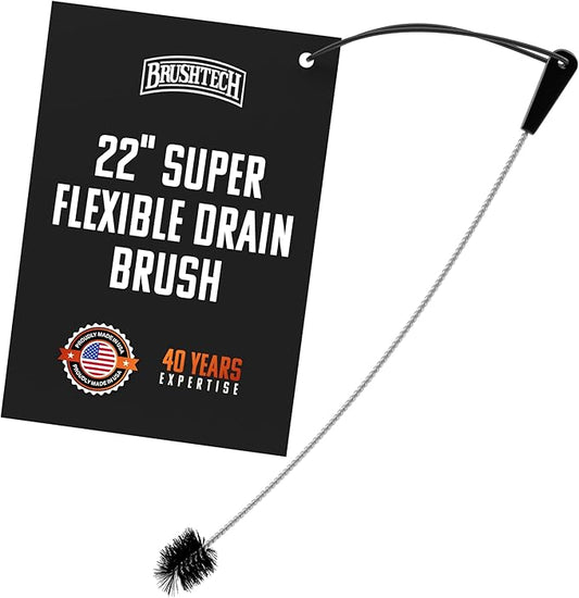 Brushtech 22" Super Flexible Drain Brush - Long Pipe Cleaning Brush for Tough Clogs, Hair, & Debris - Non-Kinking Spring for Kitchen & Hard-to-Reach Bathroom Sink Maintenance - Made in USA