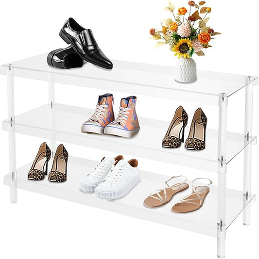 3-Tier Clear Acrylic Shoe Rack, Transparent Organizer for Entryway and Closet, 32.3x11.8x20.3 Inches, Holds 12-16 Pairs, Modern Rectangular Design
