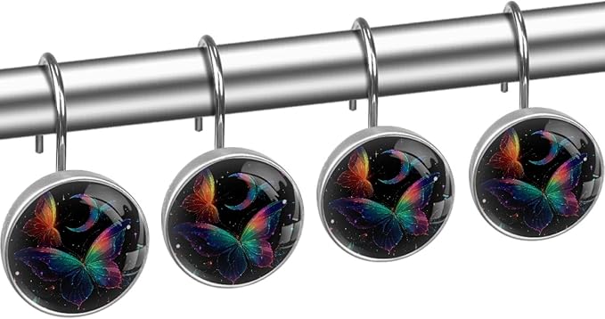 12 Packs Starry Sky and Fantasy Butterfly Shower Curtain Hooks, Stainless Steel Glass Shower Curtain Rings for Bathroom Decor, Metal Rustproof Curtain Rod Hooks