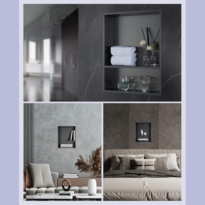 Shower Niche, 16"x20" No Tile Needed, The Insert Storage Rectangle Double Shower Shelf is Easy to Install, Stainless Steel, Black Grey