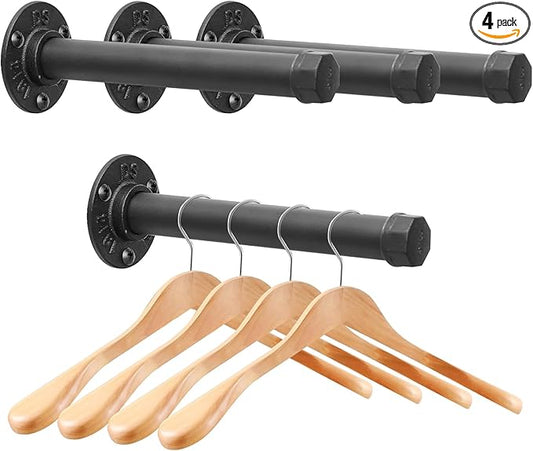 Cast Iron Wall Mounted Clothes Rack, Heavy Duty Industrial Pipe Clothing Rack for Hanging Clothes, Garment Racks for Wardrobe Organizers and Storage, DIY Closet Rods Closet Bar (Black 4 Pack, 8 in)