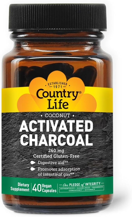 Country Life Coconut Activated Charcoal Capsules, 260mg – Natural Charcoal Supplement for Gas and Bloating Relief - Gluten-Free, 40 Vegan Capsules