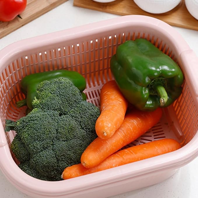 BESTonZON Double Layer Draining Basket with Fast Drain Holes Plastic Colander for Vegetable and Fruit Washing and Kitchen Food Prep 5.91 X 10.24 X 5.91 Inches