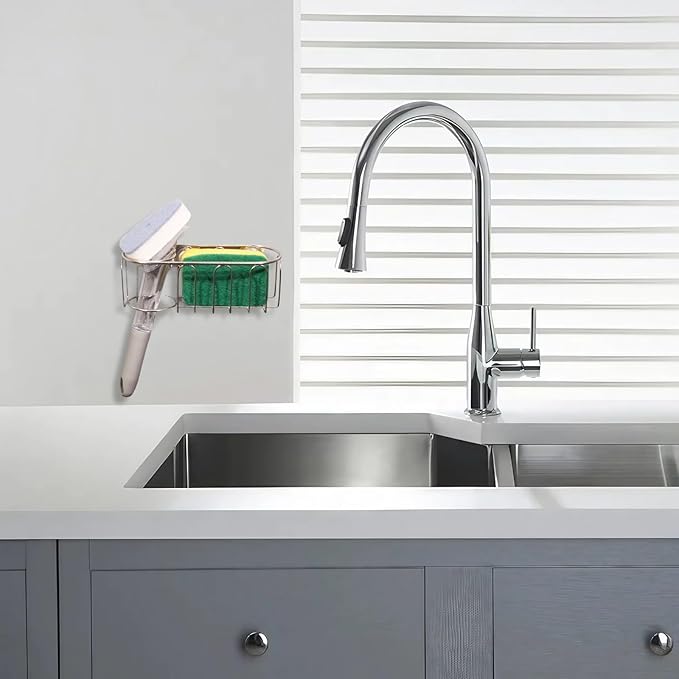 Sink Sponge Holder, Magnetic Kitchen Sink Caddy, 304 Stainless Steel Sink Brush Holder+Sponge Holder, Sink Drain Frame- Silver (Magnet)