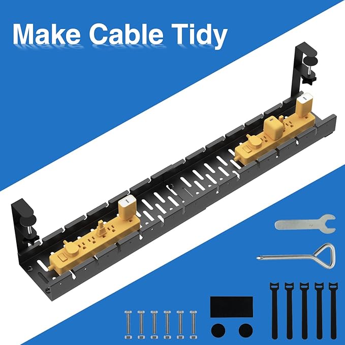 No Drilling Extendable Under Desk Cable Management, Metal Cable Management Tray Under Desk with Clamp, Retractable Power Strip Cord Holder for Wire Management 31Inch (1 Pack Black or white random 31')