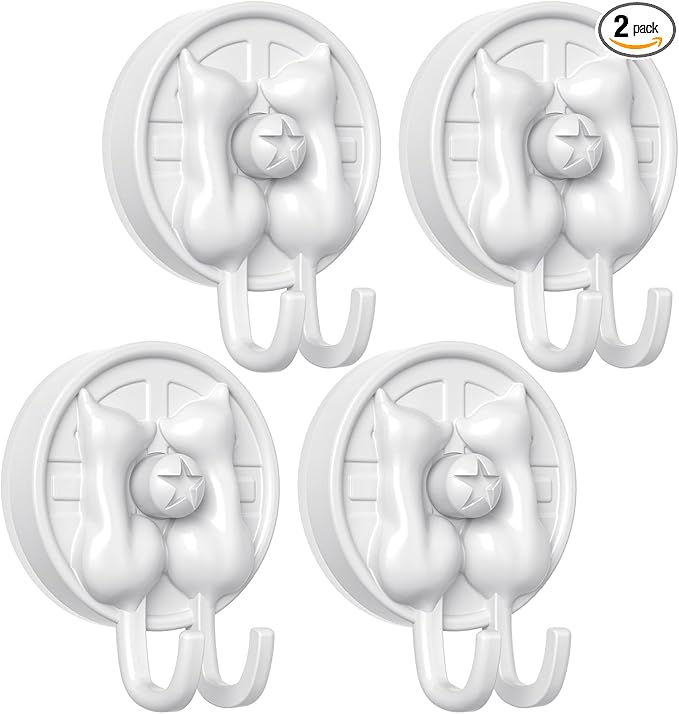 AST Cute Double-Cat Suction Cup Hook, 4 Pack, Heavy Duty Hooks, Upgraded Reliable Force of Both Adhesion and Vacuum, Wall Holders for Loofah, Towel, Coat and Bath Robe, Waterproof Hanger, Matte White