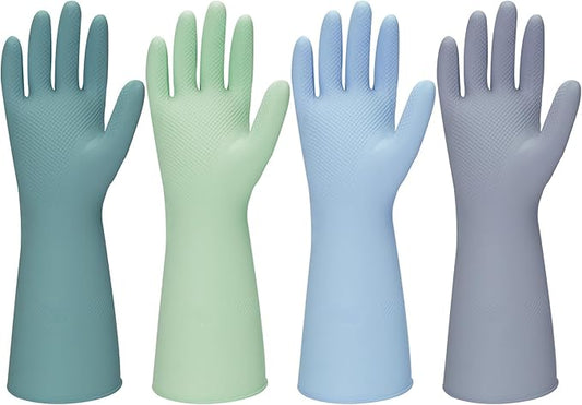 Rubber Kitchen Dishwashing Gloves - 4 Pairs Colorful Reusable Household Cleaning Gloves For Washing Dishes And Cleaning Tasks，Flexible And Durable Waterproof (Large, Dark Green+Blue+Green+Gray)
