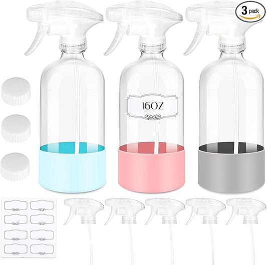 3 PACK/16 OZ Glass Spray Bottles with Upgraded Adjustable Spray Nozzle, Refillable Containers with Silicone Sleeve, Spray Bottle for Hair&Cleaning Solutions&Essential Oils-Pink Blue Gray