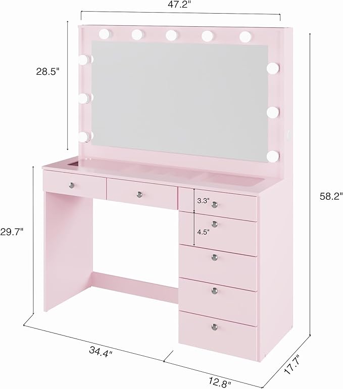 Boahaus Serena Modern Pink Makeup Vanity Desk with Mirror Lights, Power Outlet with USB Ports, Glass Top, Jewelry Divider, 7 Drawers, and Crystal Knobs for Bedroom