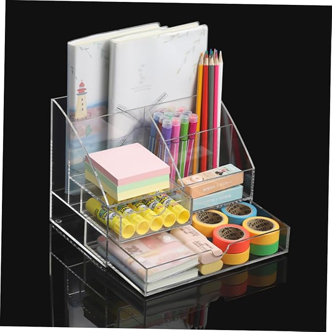 PRETYZOOM Acrylic Makeup Organizer Storage Box Desktop Stationery Organizer Multi-compartment Lipstick Drawer for Home Office