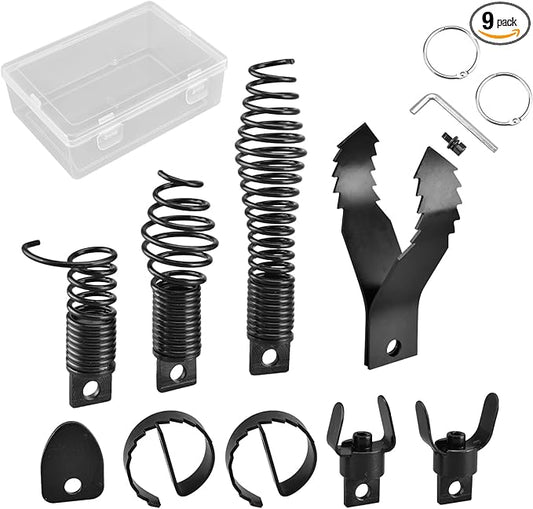 9-Piece Drain Snake Attachment for 5/16" to 3/4" Cables Heavy-Duty Manganese Steel Cutters for Roots Grease and Stubborn Clogs Includes 9 heads Storage Case and Metal Ring