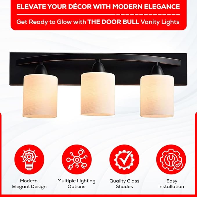 The Door Bull Modern 3-Light Bathroom Vanity Light – Oil Rubbed Bronze Fixture with Frosted Glass Shades, E26 Socket – Wall Sconce for Mirror, Bathroom, Kitchen, Hallway, Entryway