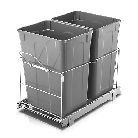 FOHERE Pull Out Trash Can Under Cabinet, 35 QT Double Under Sink Trash Can Waste Container with with Chrome Wire Bottom Mount and Handle, Heavy Duty Garbage Recycling Bin for Kitchen Cabinet, Sink