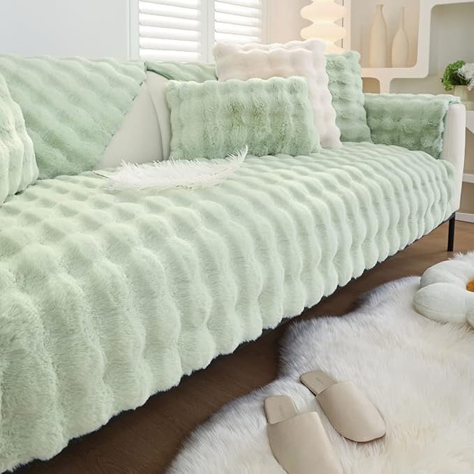 Soft Warm Faux Fur Couch Sofa Cover Thick Shaggy Fuzzy Sectional Couch Cover Non-Slip Solid Color Plush Sofa Slipcover Furniture Protector for Kids, Pets (Light Green,28"x35")